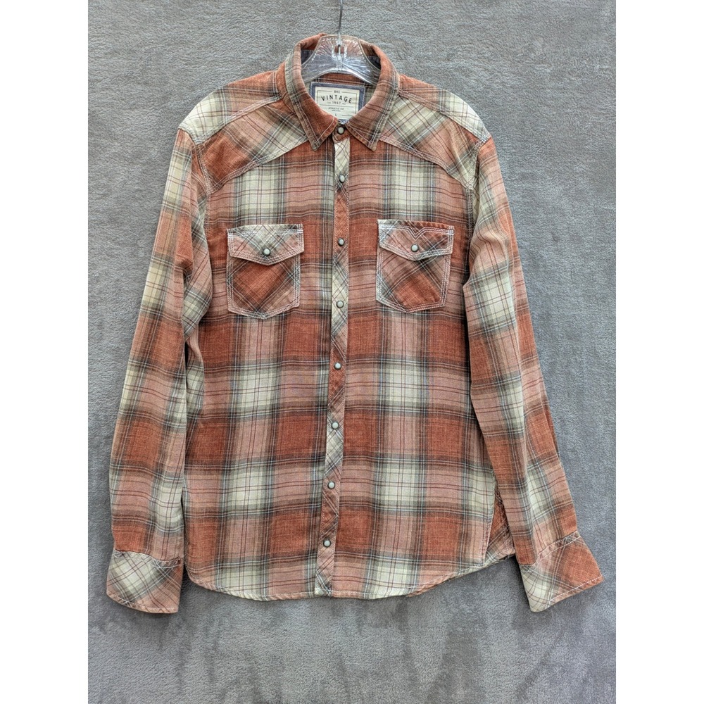 BKE Vintage‎ Plaid Pearl Snap Shirt Mens Large Athletic Fit Orange Tan Western